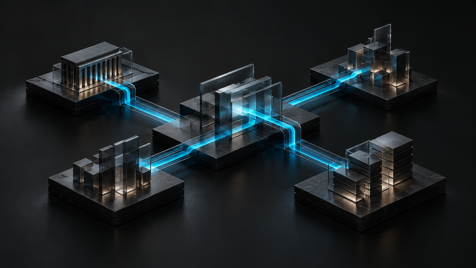 Dark architectural platforms connected by luminous cyan paths, illustrating links between financial markets and settlement