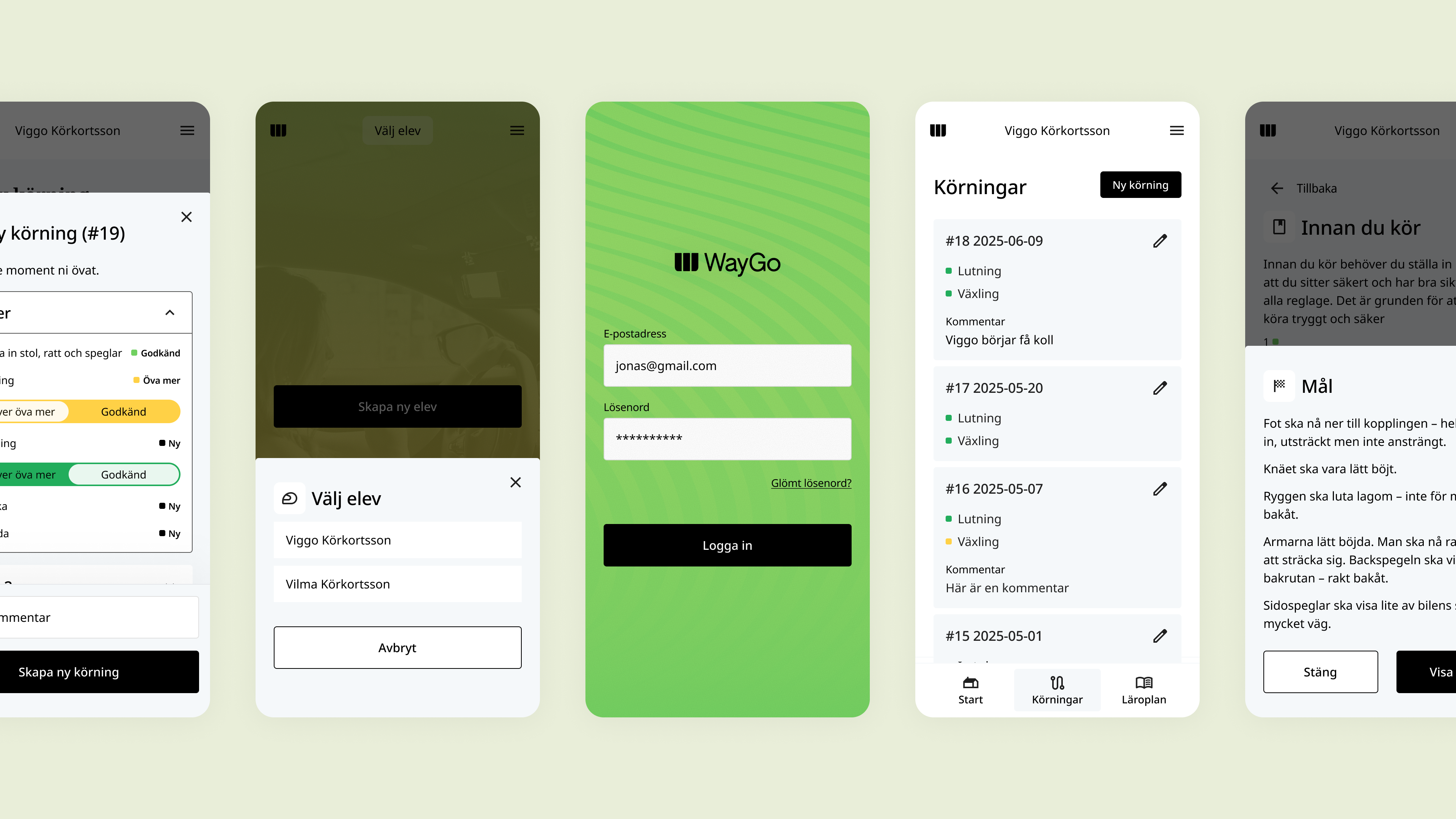 Gränssnitt för Waygo körkortsapp