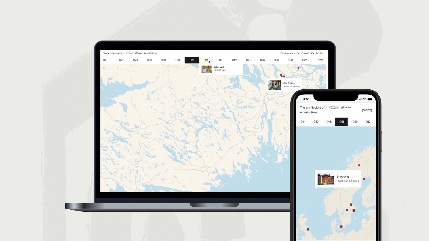 Utställningens karta på dator och telefon, med projekten utmärkta från Storbritannien till Sverige.