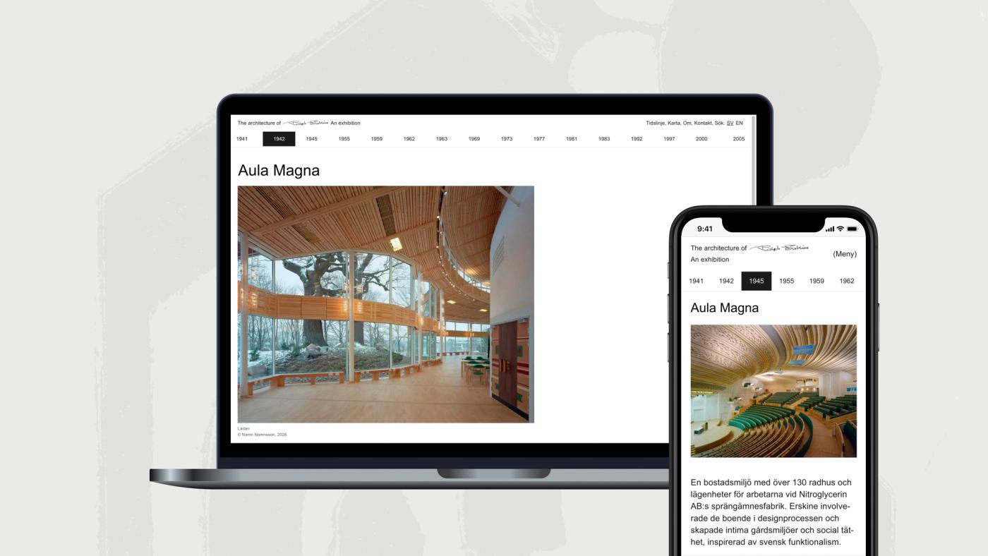Projektsidan för Aula Magna på dator och telefon: rubrik, fotografi och en kort text.