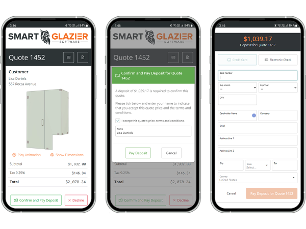 Screenshots showcasing a quote, quote acceptance, and payment portal through BizDog
