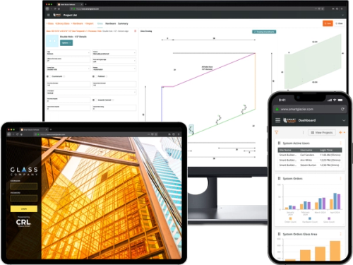 a glass company website is displayed on a tablet and phone