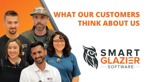 a group of people standing next to each other in front of a smart glazier software logo . a group of people standing next to each other in front of a smart glazier software logo .