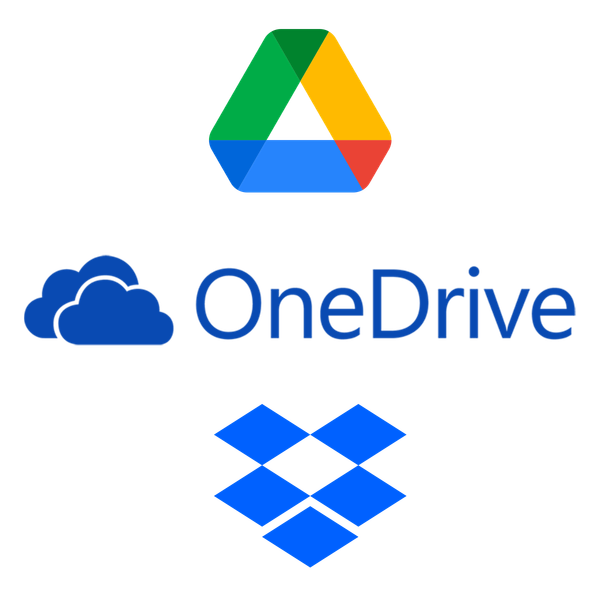 Logos for OneDrive, Google Drive, Dropbox