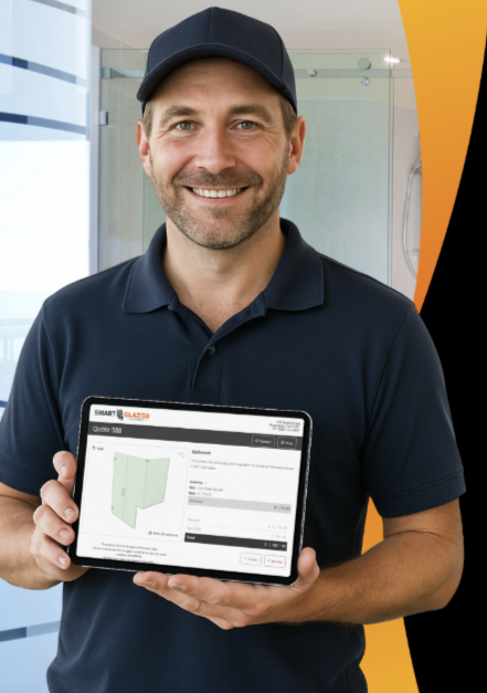 Glazier showing a shower quote on a tablet.