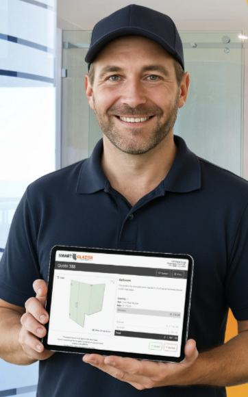 Glazier showing a shower quote on a tablet.