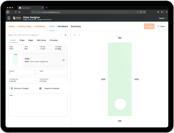 a screenshot of a website called glass designer