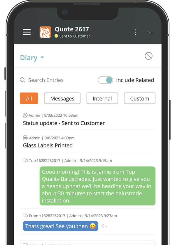 A phone showing an SMS confirming arrival of installer