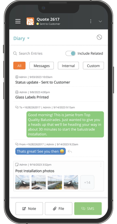 a phone screen shows a message from quote 2617 sent to customer