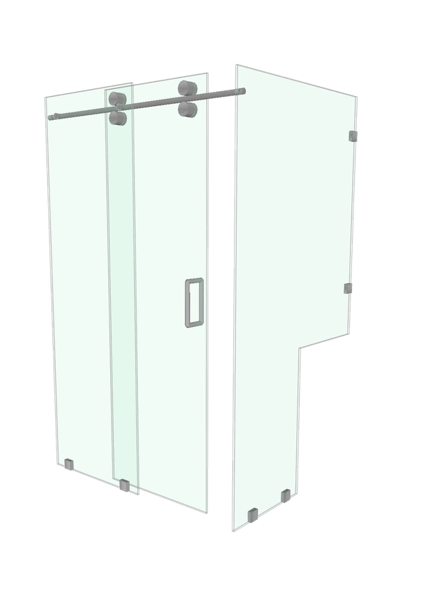 a 3D render of a frameless glass shower with sliding door