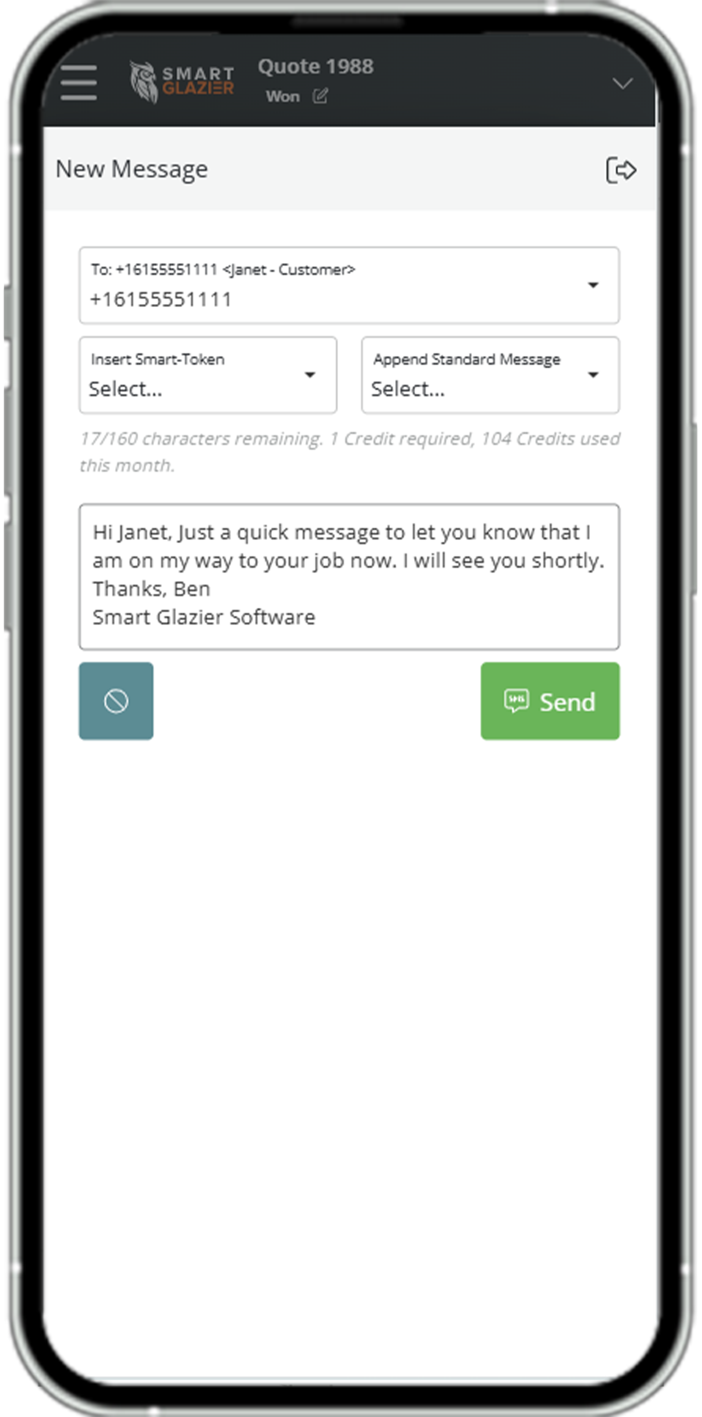 Phone with an example SMS message