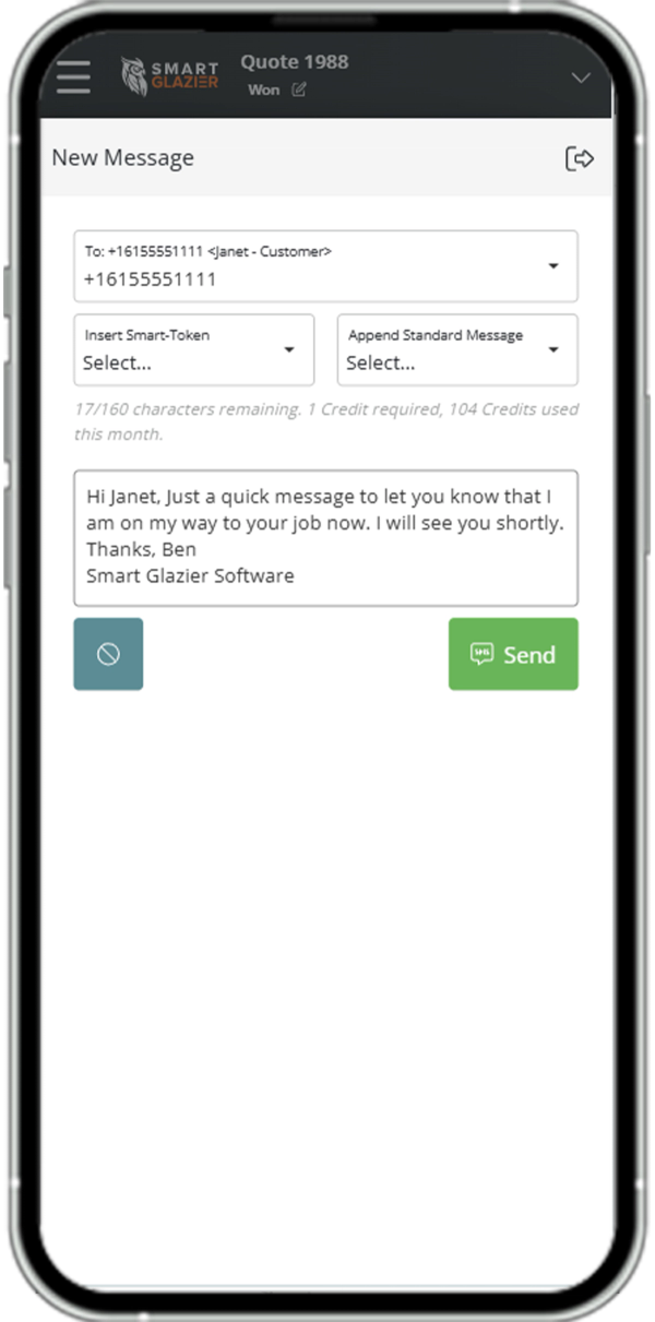 Sending an SMS on a phone using Smart Glazier Business