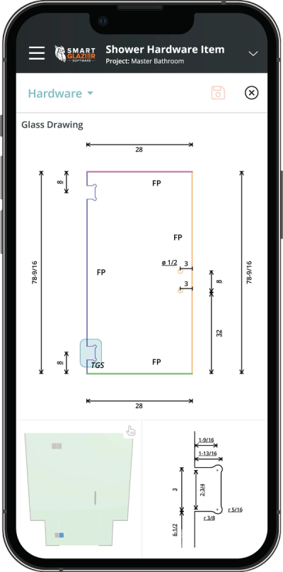 a phone screen shows a drawing of a shower hardware item