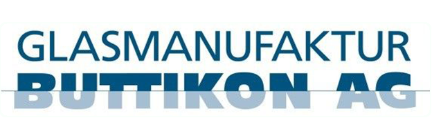 a blue and white logo for glasmanufaktur butikon ag