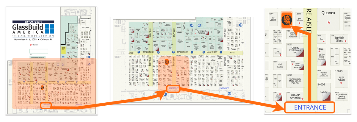 GlassBuild America floor plan showing Smart Glazier booth location