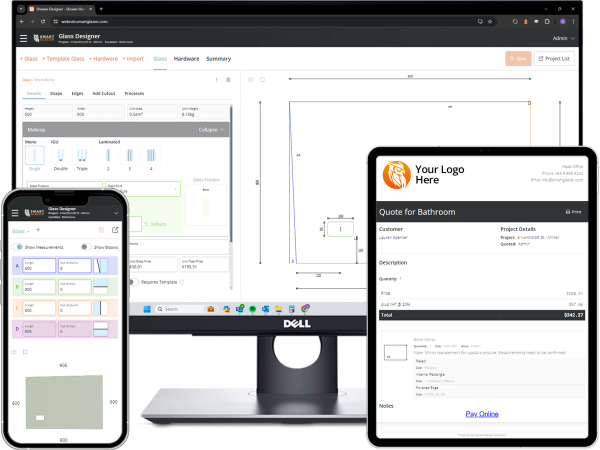 Smart Glazier Glass Estimating Software showcased on phone, desktop and tablet