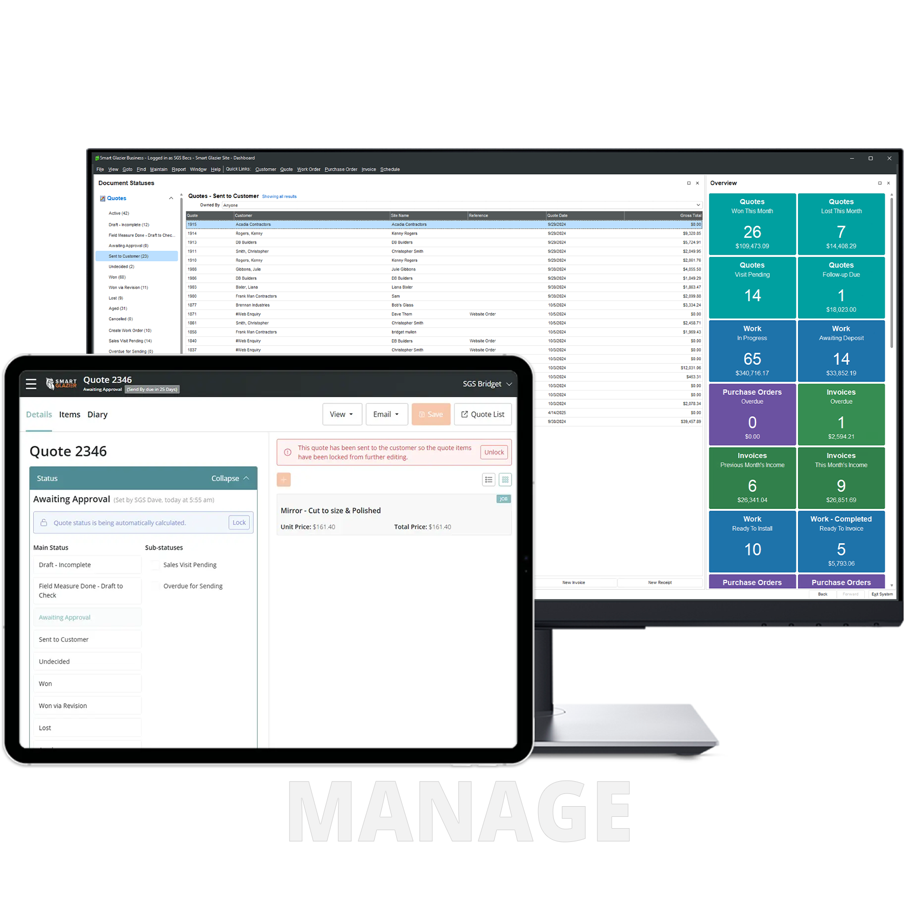 A monitor and a tablet showing Quote statuses
