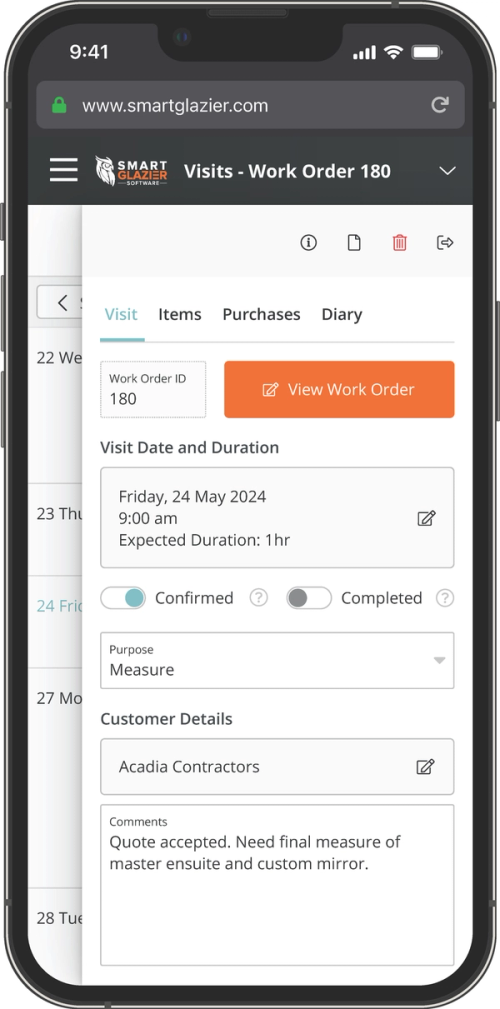 Schedule and job details displayed on a glaziers phone