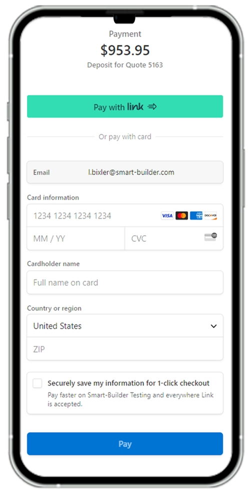 a phone screen shows a payment page for $ 953.95