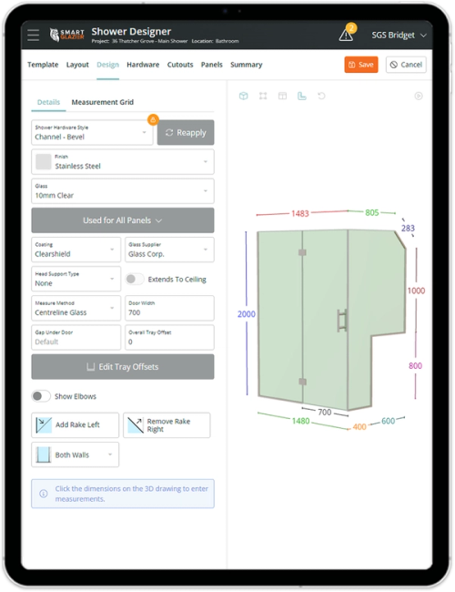 a screenshot of a shower designer on a tablet