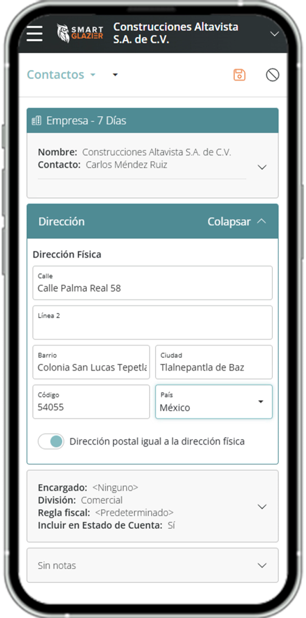 a smart phone displays a screen for construcciones altavista s.a. de c.v.