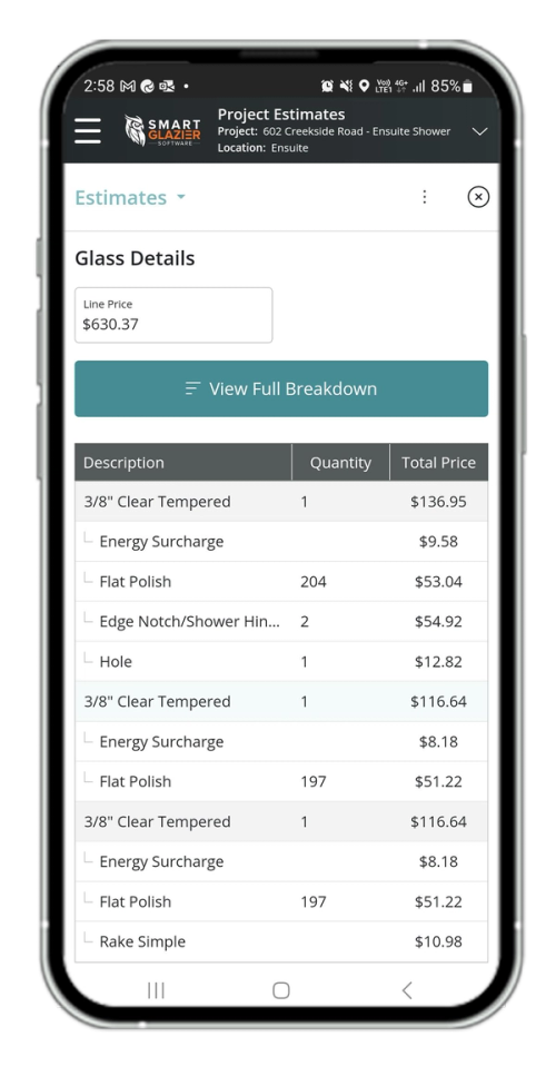 a smart phone displays a list of glass details