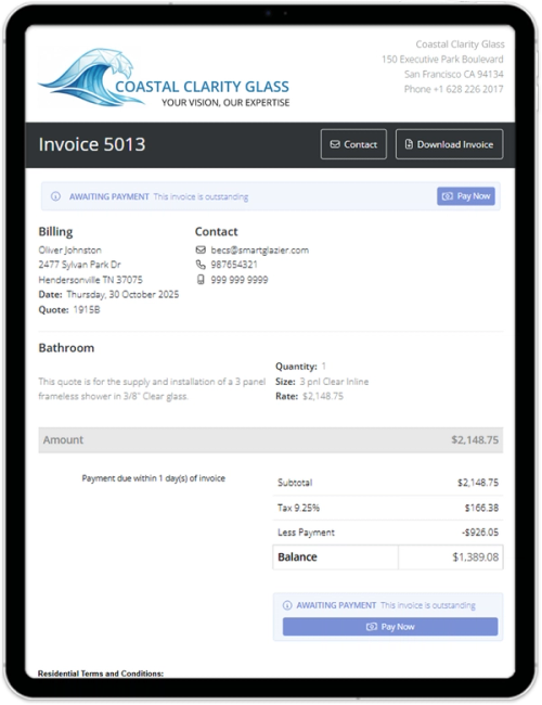 Invoice on a Tablet with Pay Now button