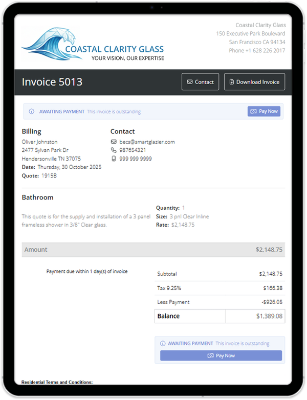 Invoice on a tablet