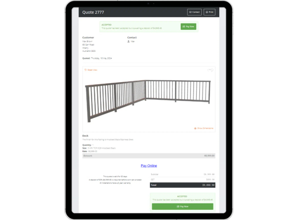 a tablet screen shows a quote for a deck railing a tablet screen shows a quote for a deck railing