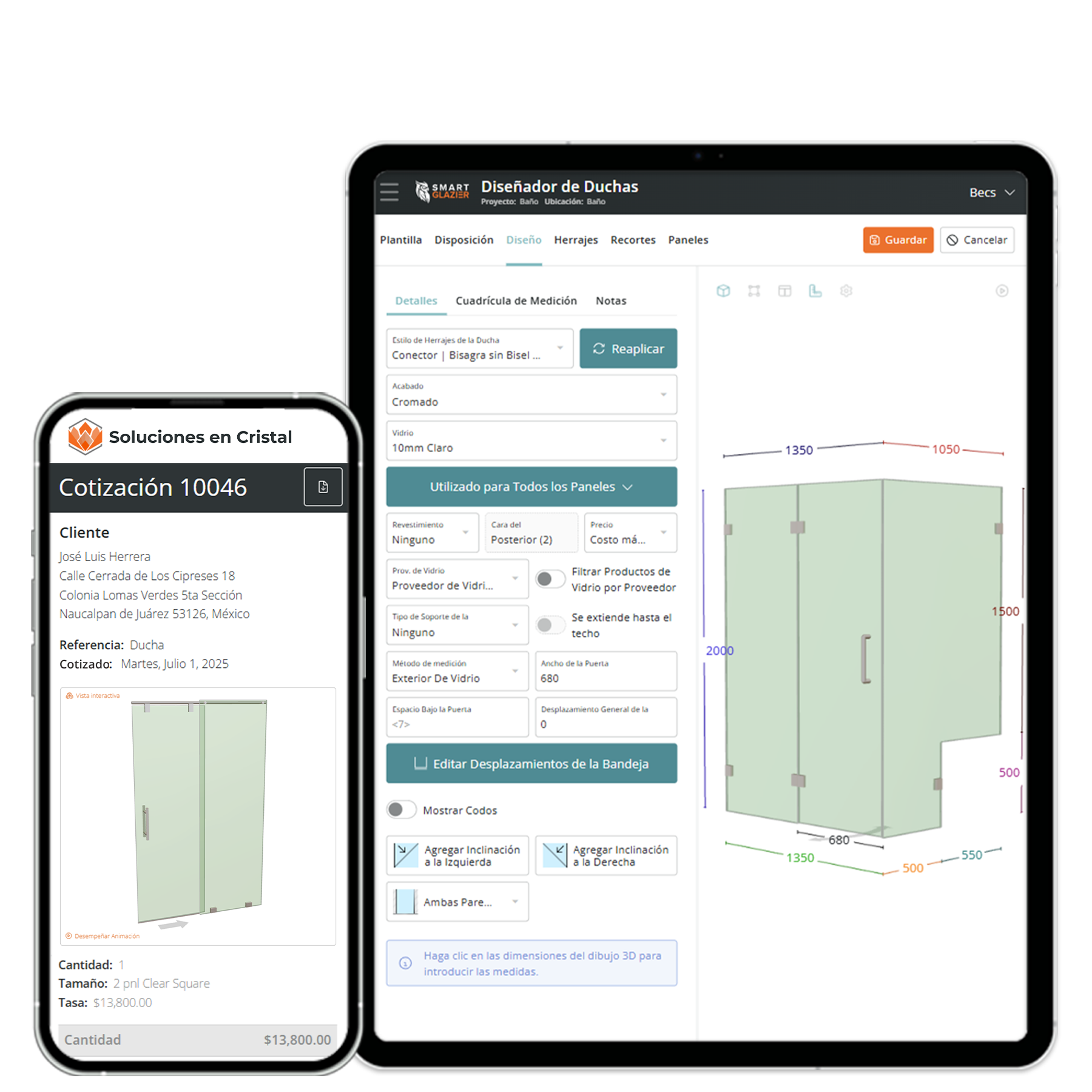 a phone and a tablet are open to a screen that says soluciones en cristal