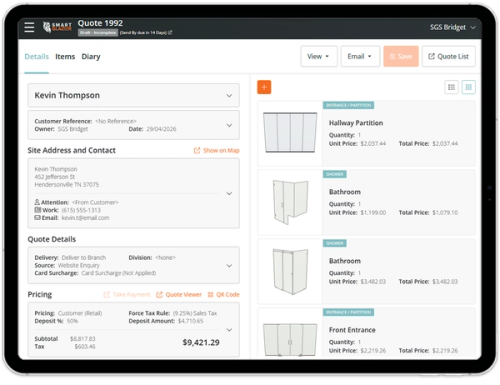 Job details showing on a glaziers tablet