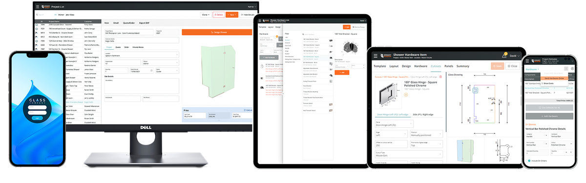Various devices displaying Smart Glazier Connect software