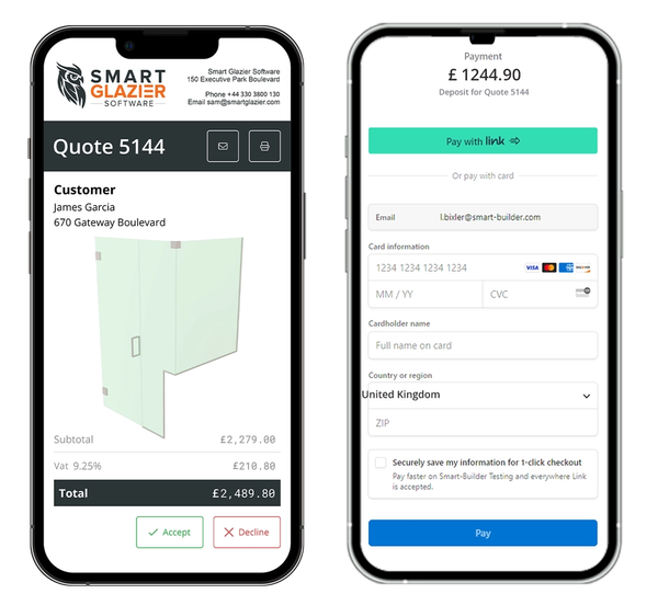Screenshots showcasing a quote, and payment portal through BizDog