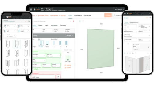 a phone and a tablet are open to a website called glass designer