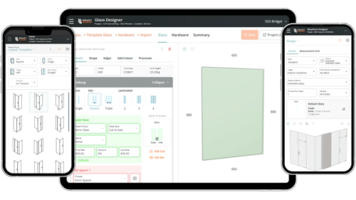 a phone and a tablet are open to a website called glass designer