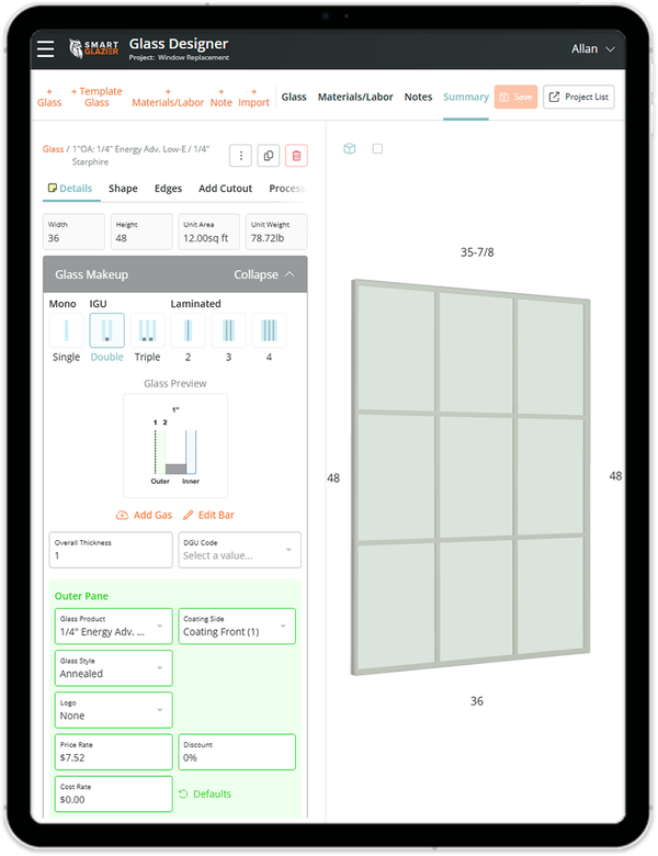 DGU with muntin bar grid being designed