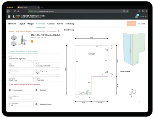 Designing a shower on a glaziers tablet