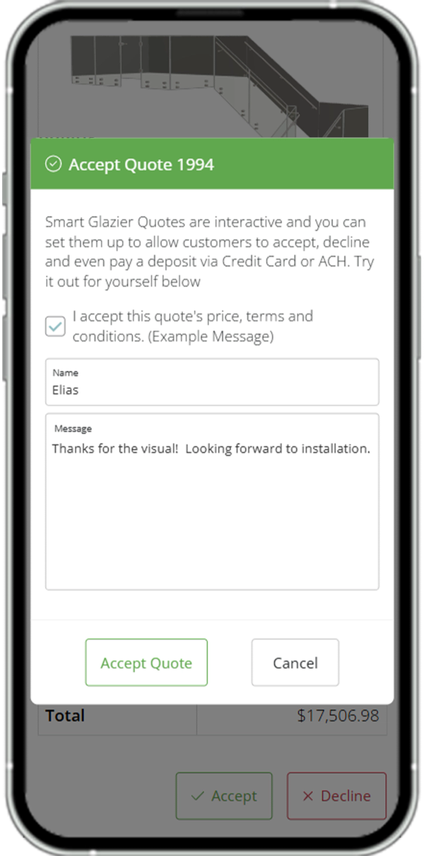 Quote acceptance box displayed on a phone