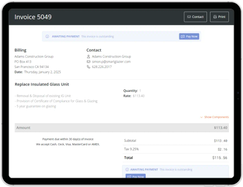 Invoice shown on a tablet