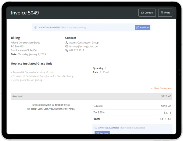 Invoice on a Tablet