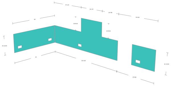 a 3d model of a room with a blue wall and a white ceiling .