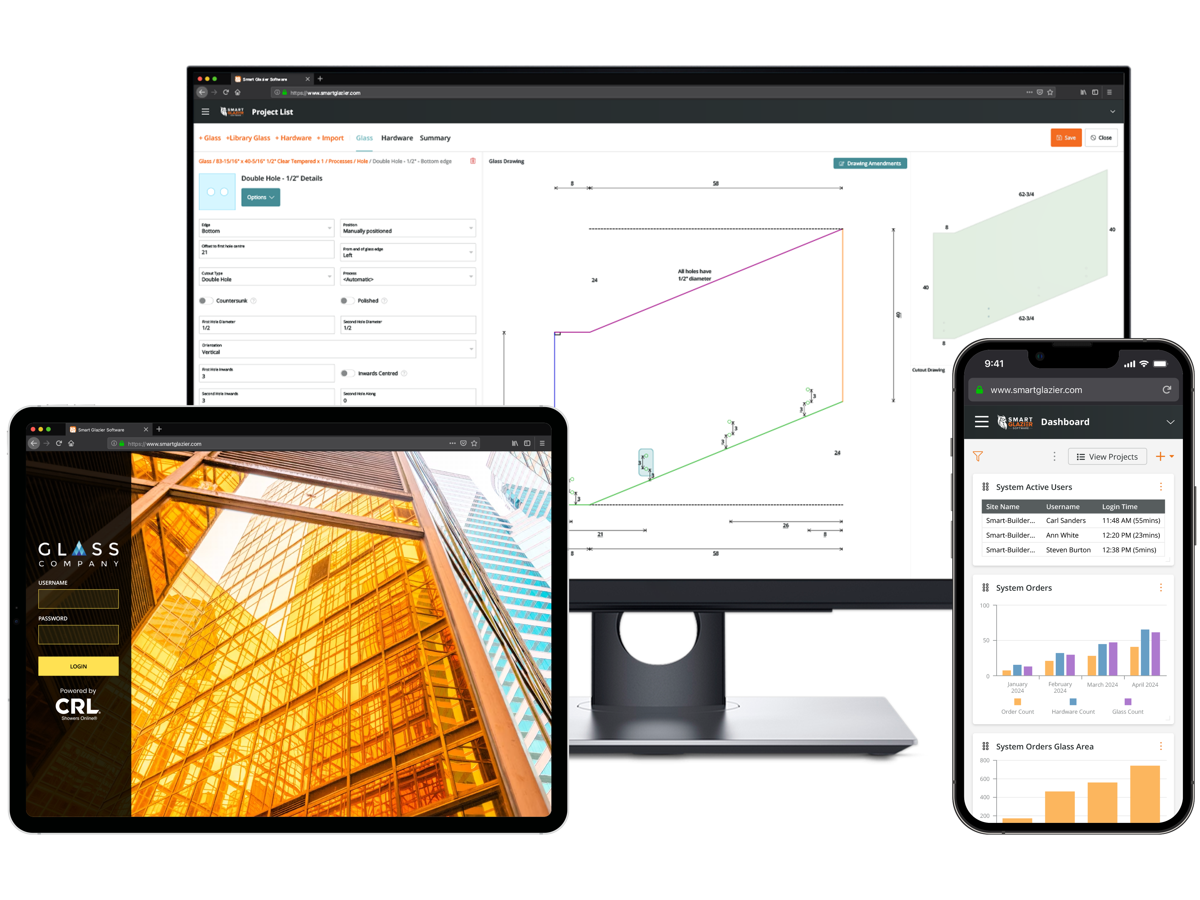a glass company website is displayed on a tablet and phone