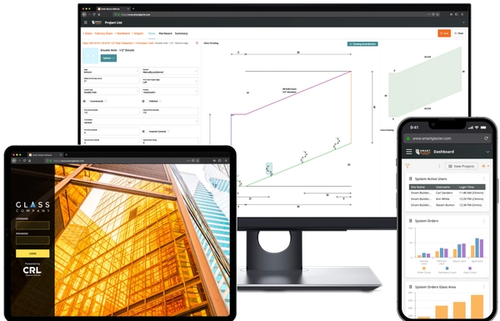 a glass company website is displayed on a tablet and phone
