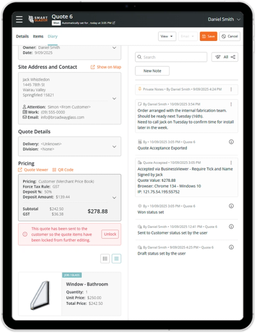 a tablet screen shows a quote for daniel smith