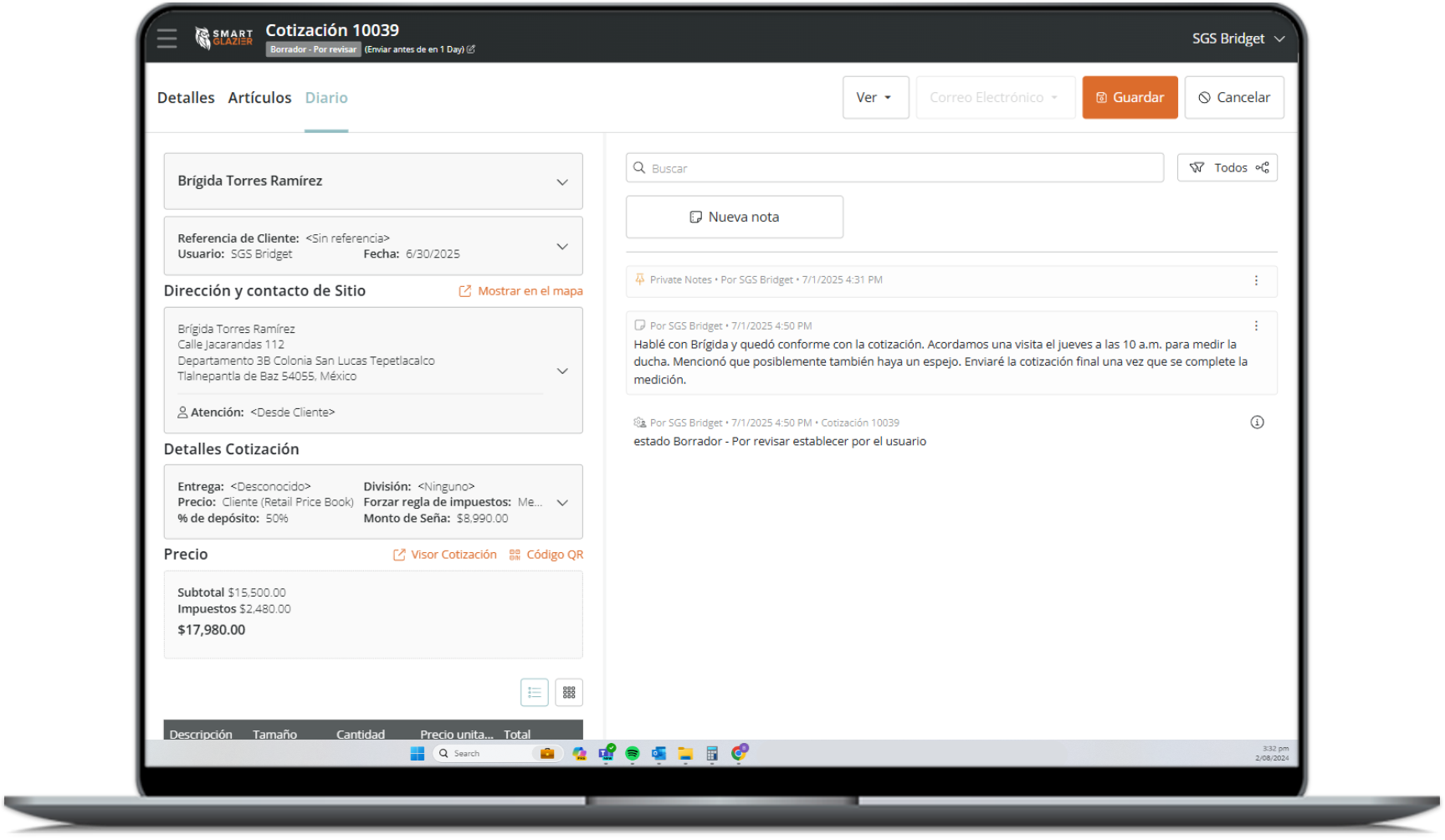 a laptop is open to a page that says cotacion 10229