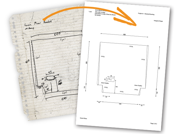 a piece of paper with a drawing , rendered using Smart Glazier Software