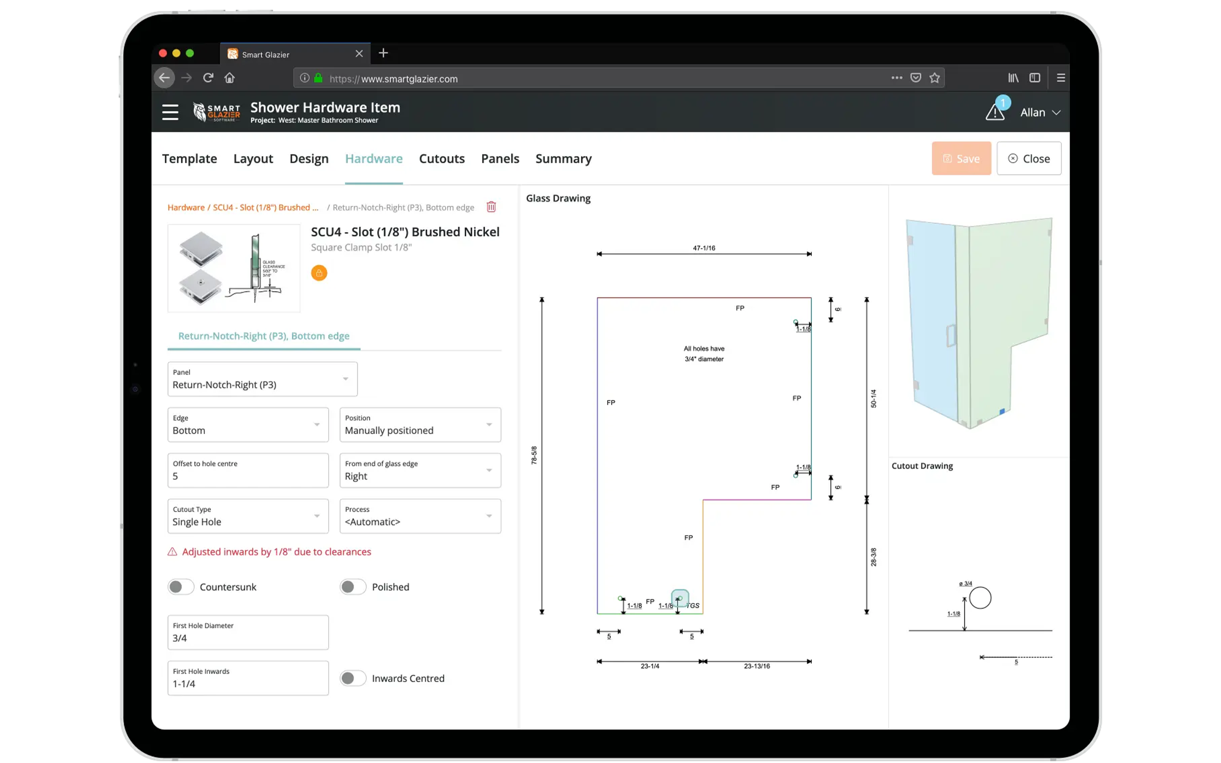 a computer screen shows a drawing of a shower hardware item
