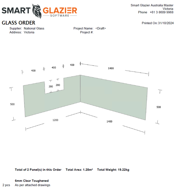 a smart glazier software printed on 31/10/2024