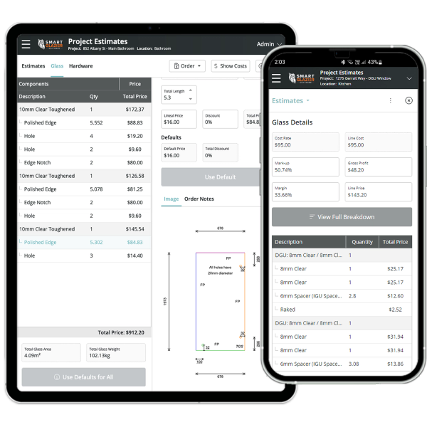 two smart phone screens showing a project estimates page