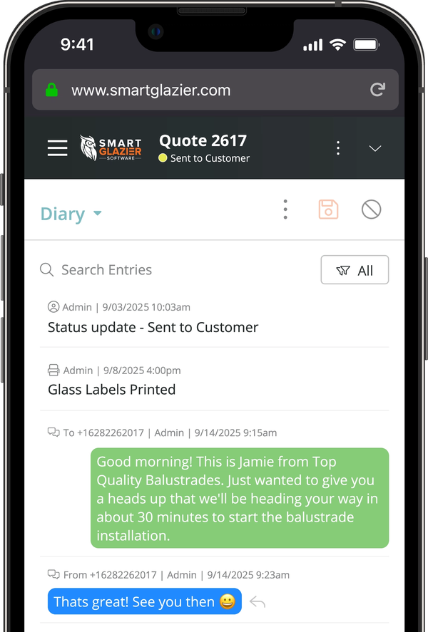 A phone showing an SMS confirming arrival of installer